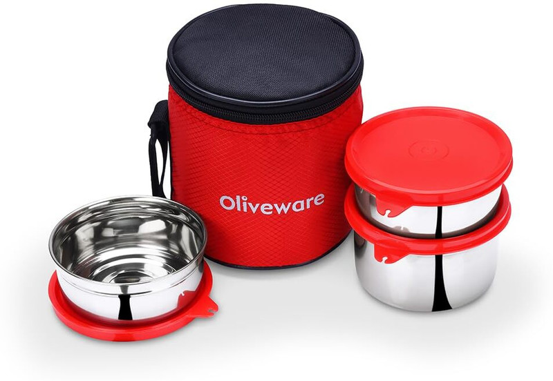 Oliveware Lovlely Stlyo Lunch Box | Stainless Steel Containers | Idle for Office Use | Insulated Fabric Bag | Leak Proof & Microwave Safe | Full Meal & Easy to Carry - Red 3 Containers Stainless Steel Office Lunch Box(600 ml)