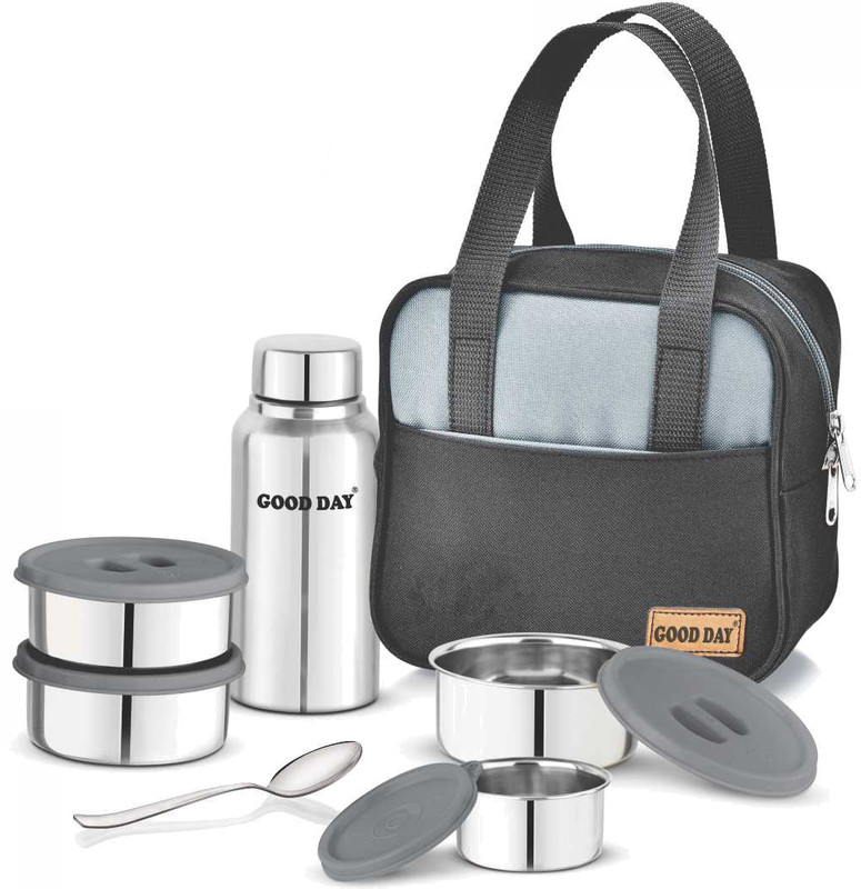 Good Day Smart Combo Set With 1 Steel Bottle(610ml), 4 Containers(300mlx3+150ml) and Bag 4 Containers Stainless Steel Office Lunch Box(1050 ml)