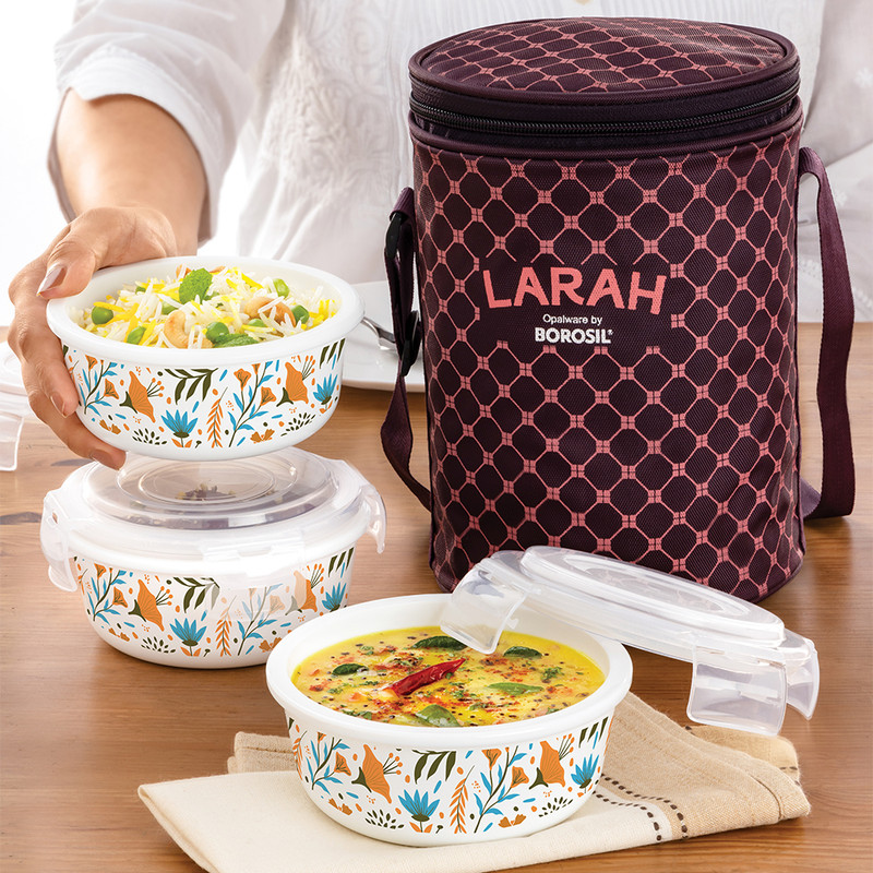 Larah by Borosil Ziva Sky Opalware Lunch Box with Bag, Unisex Lunch box for Office, School 3 Containers Opalware Office Lunch Box(400 ml)