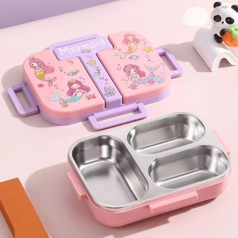 S FOR SINJIKA Mermaid Kids Lunch Box with Compartments & Steel Tray (Pink) 3 Containers Stainless Steel School Lunch Box(800 ml)