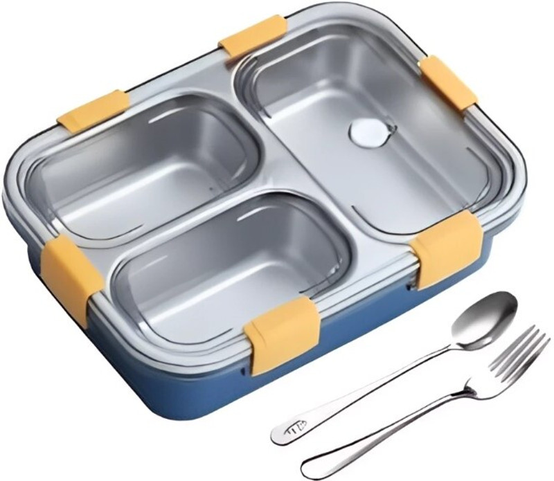 HKC HOUSE Stainless Steel Leak Proof with 2 Spoon Lunch Box 3 Containers Stainless Steel, Plastic School Lunch Box(750 ml)