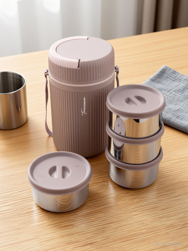 Trueware GRUB 4 Insulated Hot Lunch Box With 3 SS Container 300ML & 1 SS Container 200ML 4 Containers Stainless Steel, Plastic Office Lunch Box(1100 ml)