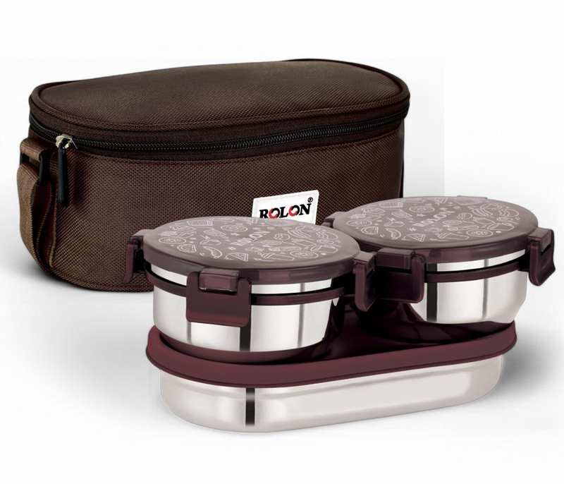 ROLON Lunch Lock 2 | Grey | 2 Airtight Stainless Steel Containers | Insulated Bag 2 Containers Stainless Steel Office Lunch Box(600 ml)