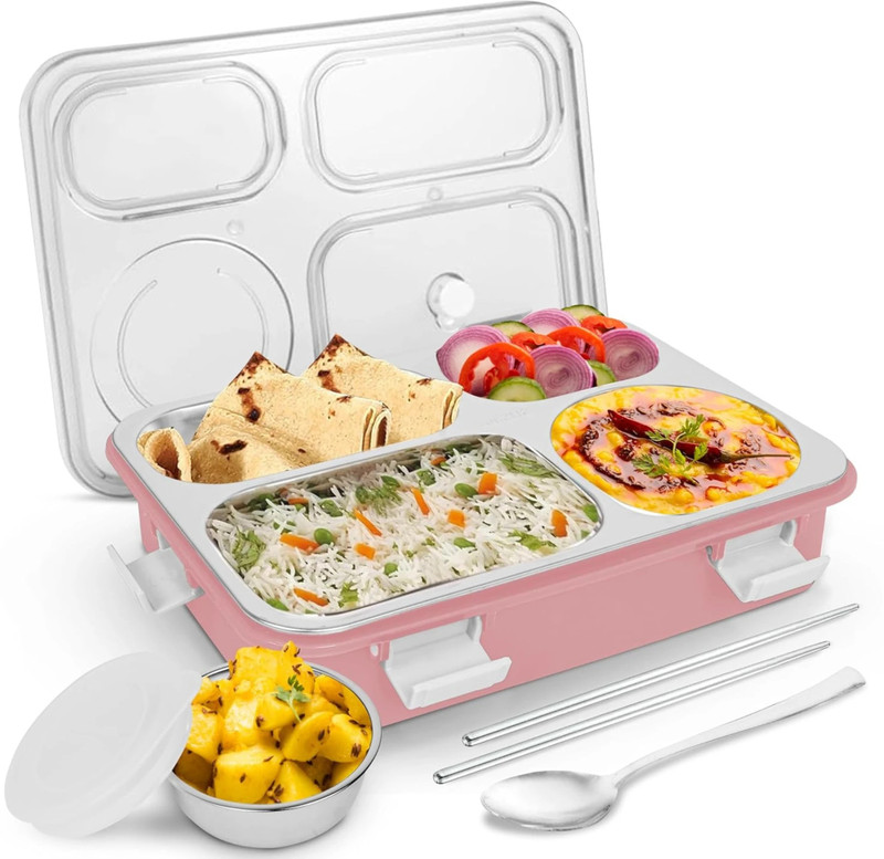 FUNVERSE 304 Stainless Steel Lunch Box with 4 Compartment with Spoon for Kids & Adults 4 Containers Stainless Steel School Lunch Box(1050 ml)