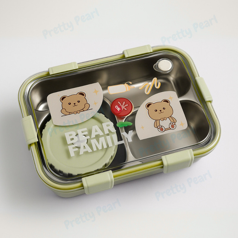 JSK Bear Family with Spoon and Chopsticks for Kids and Adults 304 Stainless Steel 3 Containers Stainless Steel School Lunch Box(800 ml)