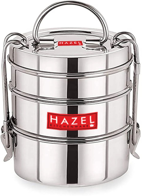 HAZEL Traditional Design Stainless Steel 3 Containers with Locking Clip Tiffin Dabba, Silver 3 Containers Stainless Steel Office Lunch Box(1430 ml)