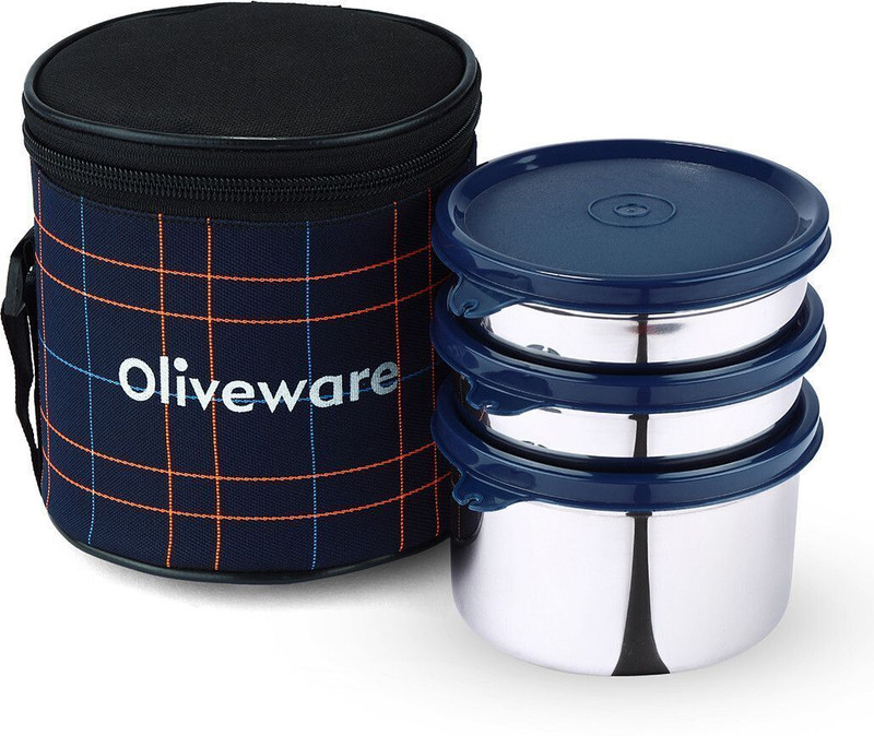 Oliveware Lovely Stylo Lunch Box(2x300ml,1x600ml) 3 Containers Stainless Steel Office Lunch Box(1200 ml)