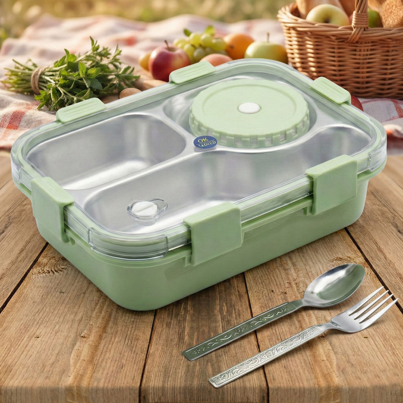 Kello Bento 3 Section Lunch Box | Stainless Steel | Air Tight | Spoon,FORK & Bowl D11 3 Containers Stainless Steel, Plastic, Silicone Office Lunch Box(850 ml)