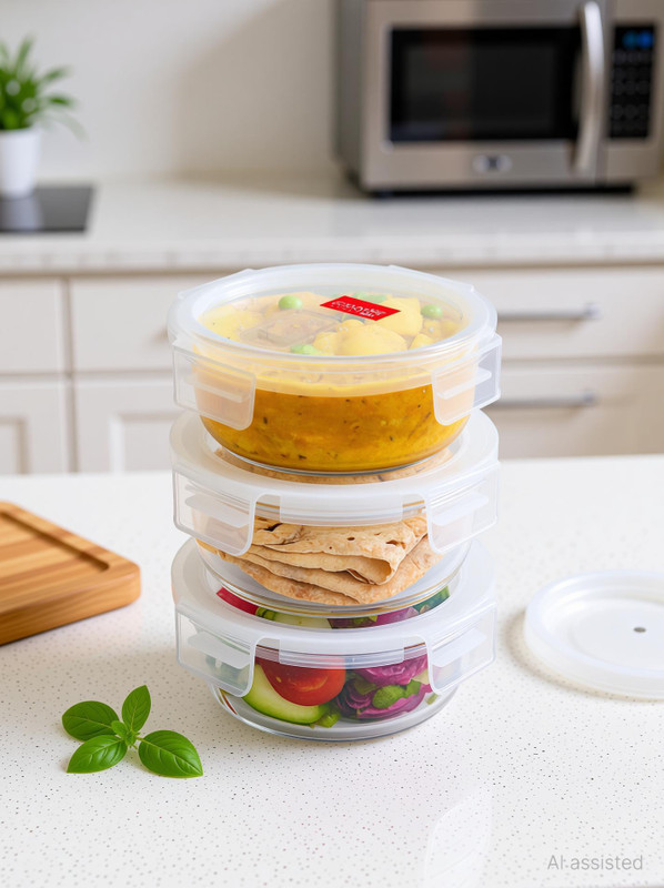Classic Essentials Round Glass Microwave Safe Borosilicate 3 Containers Glass Office Lunch Box(1200 ml)