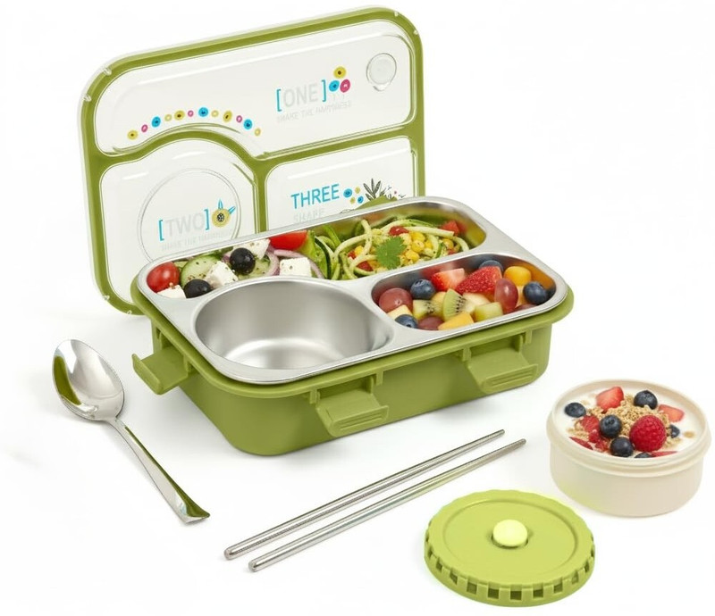Boxito Happiness Kawaii Kids Leak Proof 3 Containers Stainless Steel, Plastic, Silicone School Lunch Box(750 ml)