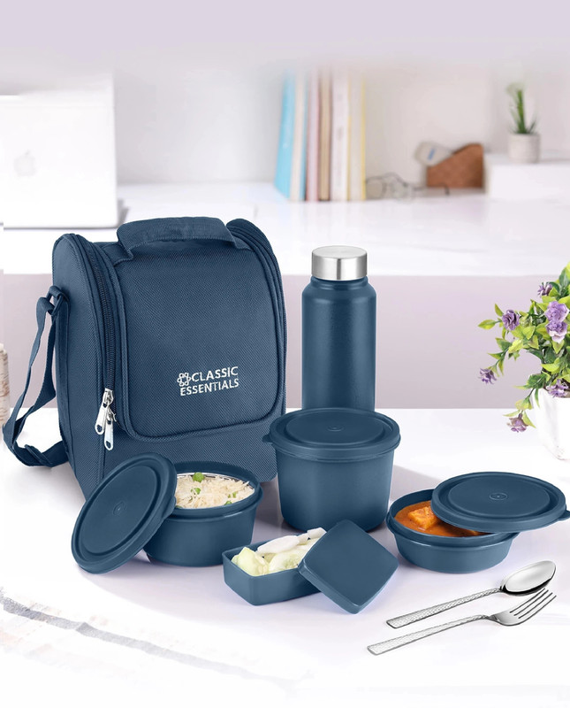 Classic Essentials Supreme Microwave Safe Set of 5 with Bottle|Bag & Cutlery 5 Containers Stainless Steel Office Lunch Box(1250 ml, Microwave Safe)