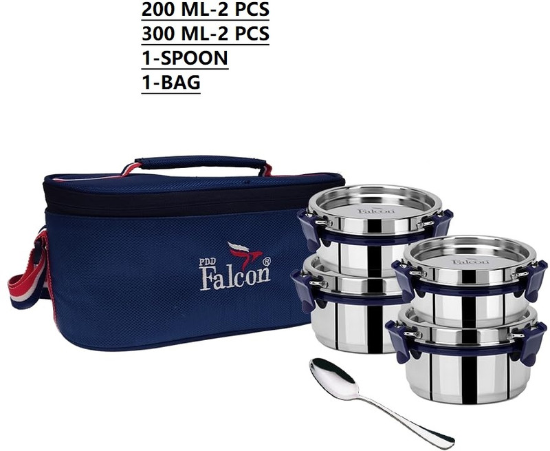FALCON Stainless Steel EcoNxt Lunch Box Tulip with Insulated Bag, Blue LEAK PROOF 4 Containers Stainless Steel Office Lunch Box(1000 ml)