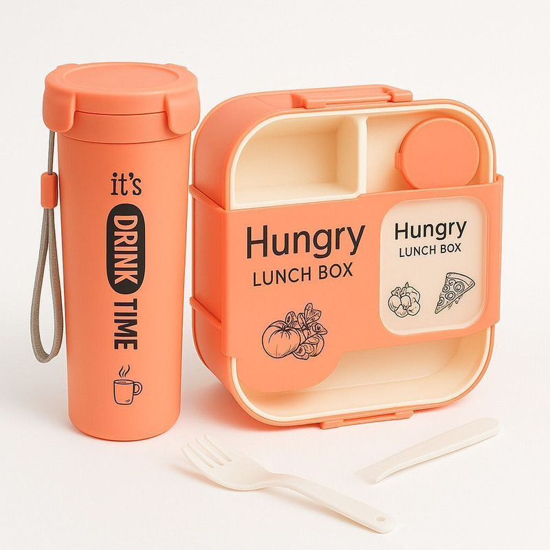 Shop Versa Hungry Lunch Box Combo with Water Bottle | 3 Compartment Leakproof 4 Containers Plastic School Lunch Box(800 ml, Microwave Safe)