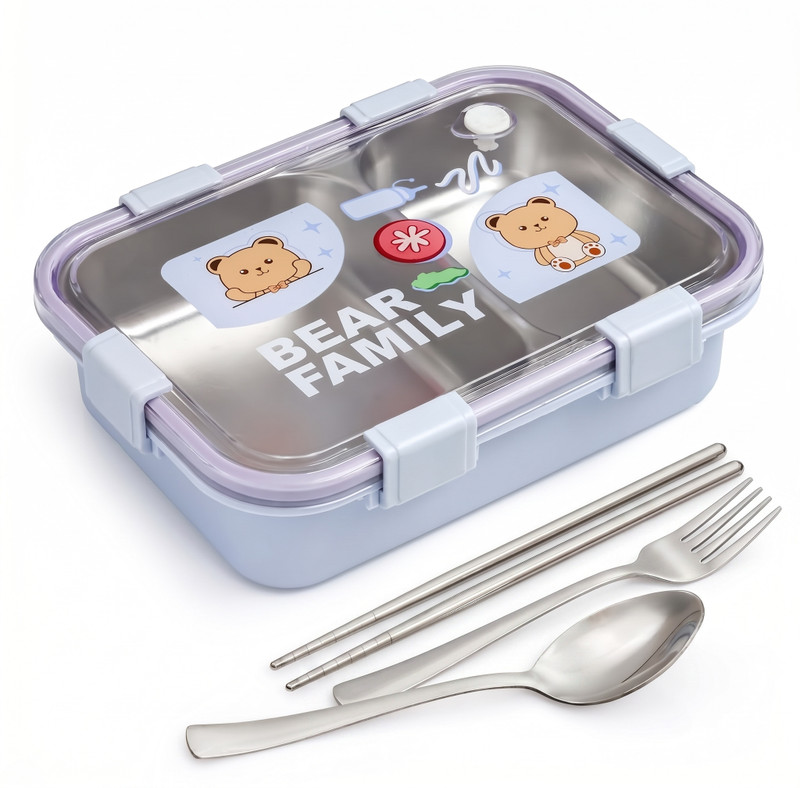 Masox Store Cute Kids Bento Box with Spoon, Fork, Bear Design, Leak-Proof, BPA-Free 2 Containers Stainless Steel Office Lunch Box(750 ml)