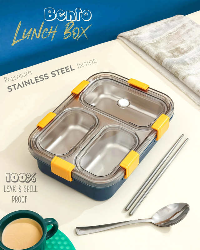 Boxito Steel Leak Proof Lunch Box 3 Containers Stainless Steel, Plastic, Silicone School Lunch Box(750 ml)
