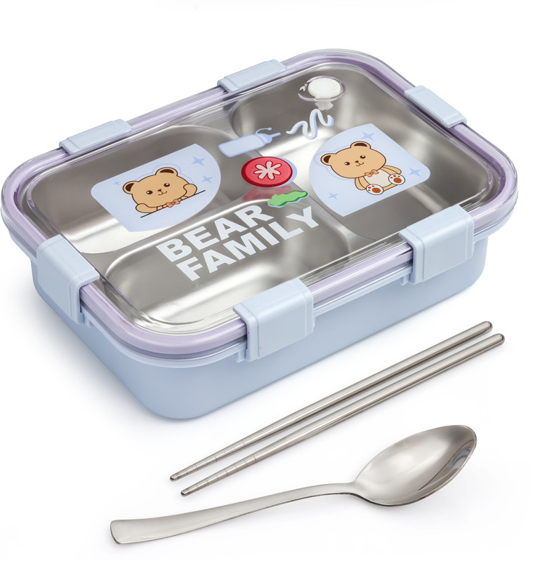 Boxito Bear Family Kawaii Lunch Box 3 Containers Stainless Steel, Plastic, Silicone School Lunch Box(500 ml)