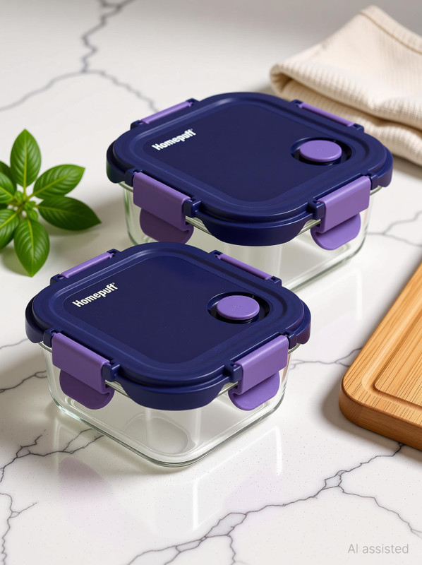 Home Puff Borosilicate Glass, Microwavable, AirVent Lid 2 Containers Glass Office Lunch Box(320 ml)