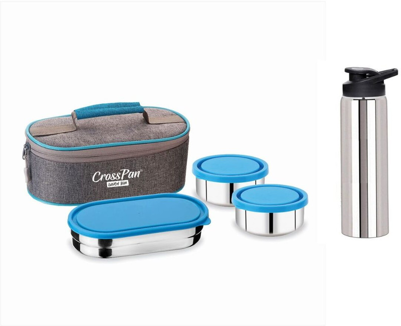 CrossPan Magnite Stainless Steel Tiffin Box with 750ml SS Water Bottle for Office 3 Containers Stainless Steel Office Lunch Box(1060 ml)