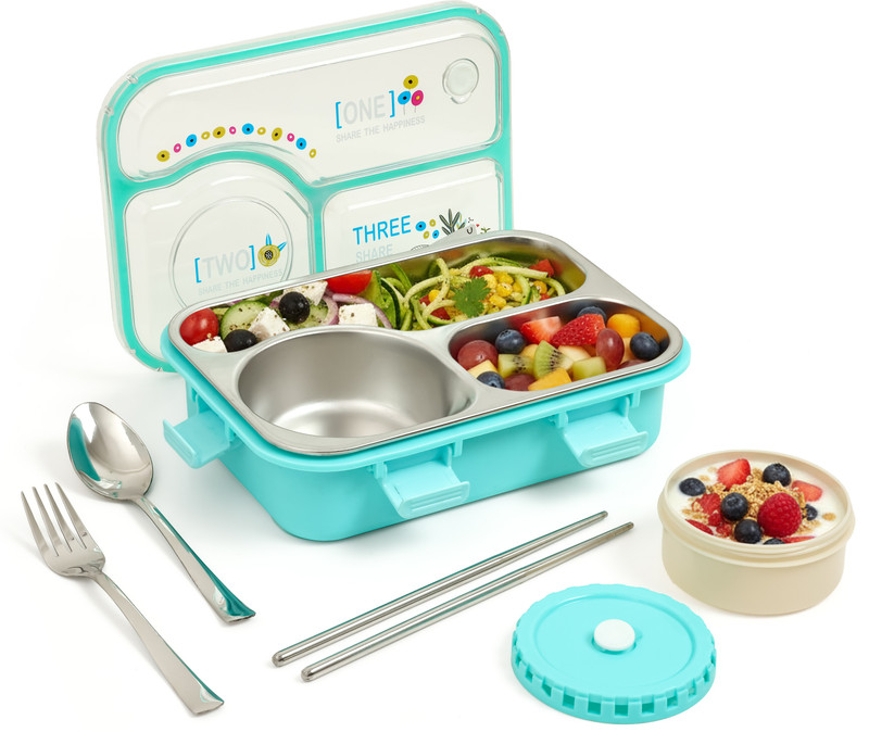NAVTAN Kawaii Bear Family 3 Section Stainless Steel Lunch Box With Spoon & Chopsticks 3 Containers Stainless Steel School Lunch Box(750 ml)
