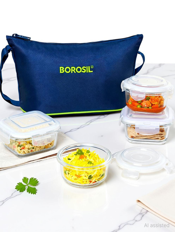 BOROSIL klip N store glass daisy tiffin set of 4(2pc 320ml square, 2pc 240ml round container) 4 Containers Glass Office Lunch Box(320 ml)