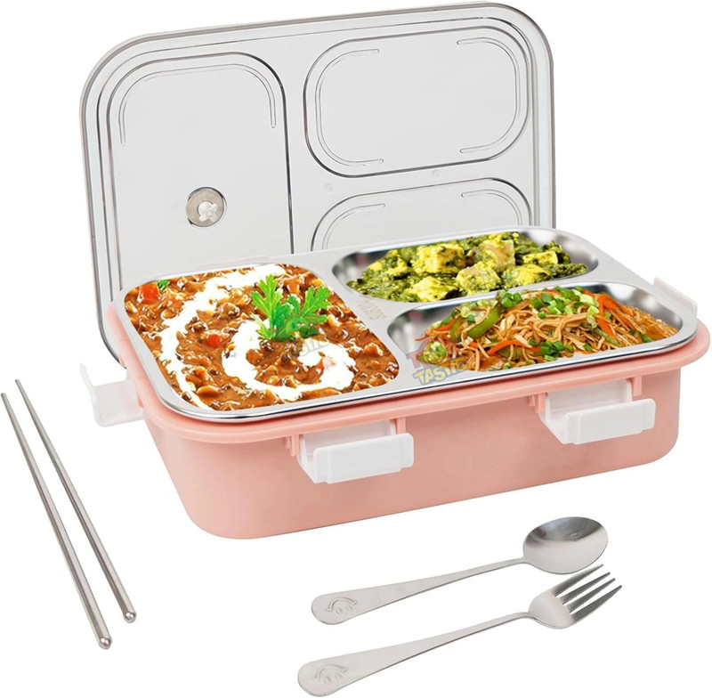 luchi Stainless Steel Lunch Box Leak Proof with Spoon, Fork & Chopstick For Kids 3 Containers Plastic Office Lunch Box(750 ml)