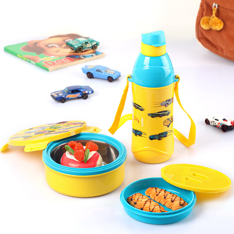 cello Tiffy Hotwheelz Gift Set Insulated Lunch Box & Water Bottle, Yellow, 2 Containers Stainless Steel, Plastic Office Lunch Box(860 ml)