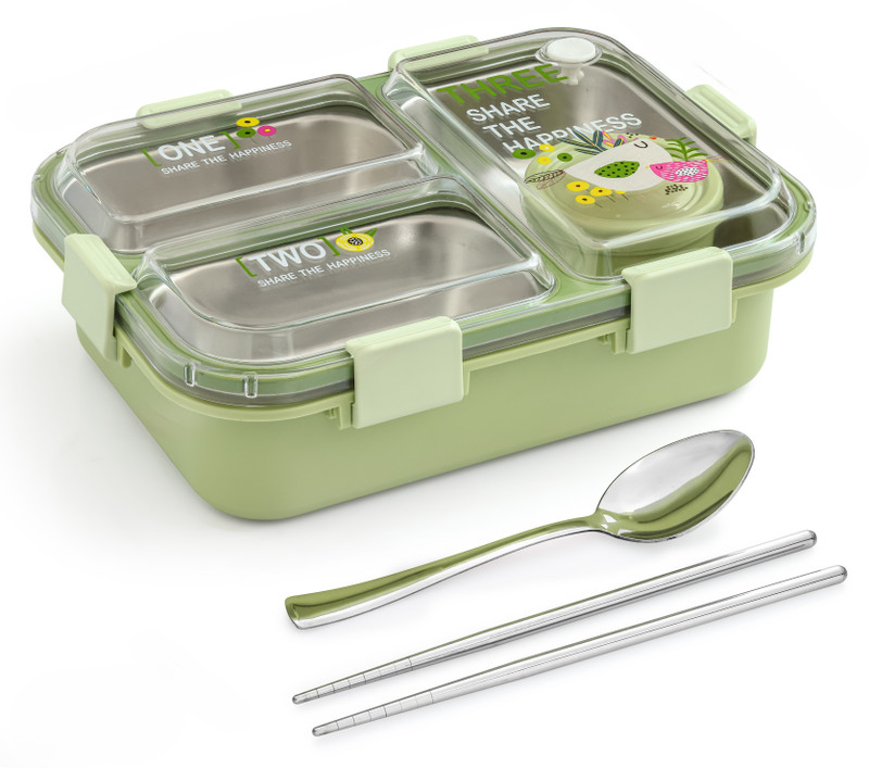 Boxito Bear Family Kawaii Lunch Box 3 Containers Stainless Steel, Plastic, Silicone School Lunch Box(500 ml)