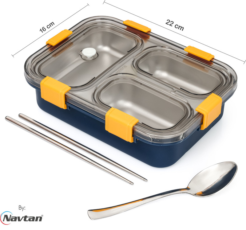 NAVTAN Bento 3 Section Lunch Box | Stainless Steel | Air Tight | Spoon & Chopsticks 3 Containers Stainless Steel Office Lunch Box(650 ml)