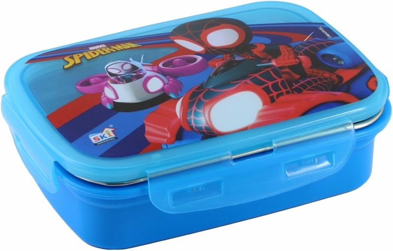 SKI Snap Lock lunch Box with removable steel inner, a container & spoon- SPIDERMAN 2 Containers Stainless Steel, Plastic School Lunch Box(500 ml)