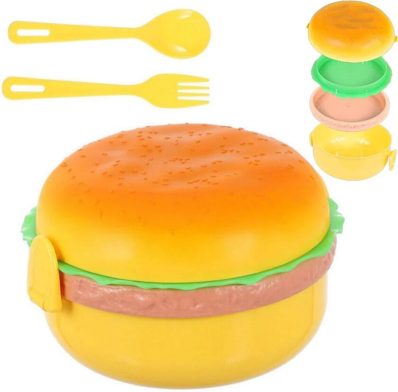 Elecart Burger Shape Lunch Box for kids, Leak Proof Plastic Tiffin Box for Girls & Boys 3 Containers Plastic School Lunch Box(1000 ml)