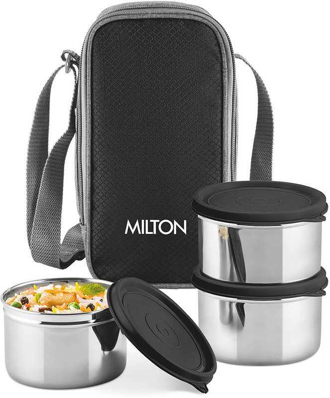 MILTON Stack Pack 3 Stainless Steel Lunch Box (3 X 500 ml containers) with Jacket Black 3 Containers Stainless Steel School Lunch Box(500 ml)