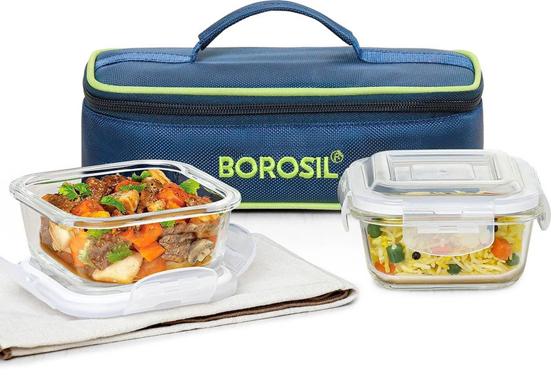 BOROSIL Teal Lunch Box with Bag, 2 Pc (320 ml x 2 Square), Vertical Tiifin 2 Containers Glass Office Lunch Box(640 ml)