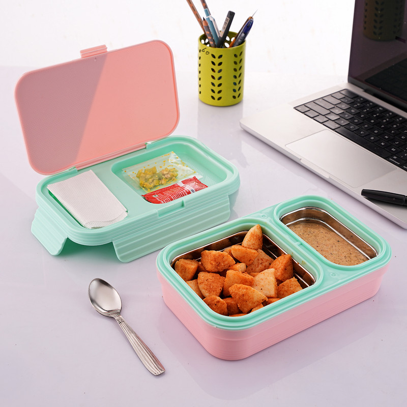 Nabhya 2 Compartment Stainless Steel Lunch Box for School with Steel Spoon 2 Containers Stainless Steel School Lunch Box(600 ml)