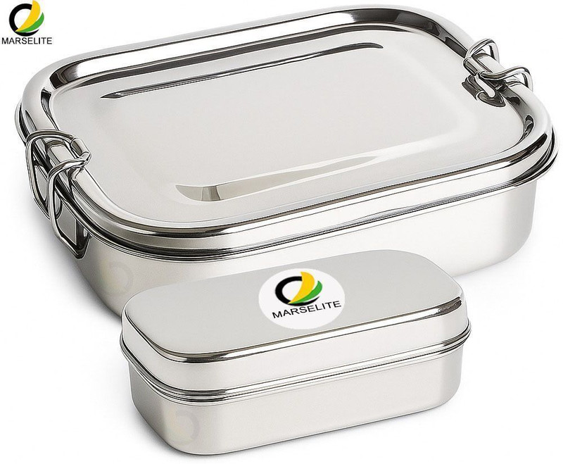 MARSELITE Strong Stainless Steel Lunch Box -Leak Resistant, Durable and Reusable Container 2 Containers Stainless Steel School Lunch Box(850 ml)