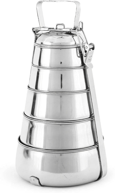 India Pride Stainless Steel Food Grade Pyramid Shape Tiffin , Clip Lock for Office Collage 5 Containers Stainless Steel Office Lunch Box(3500 ml)