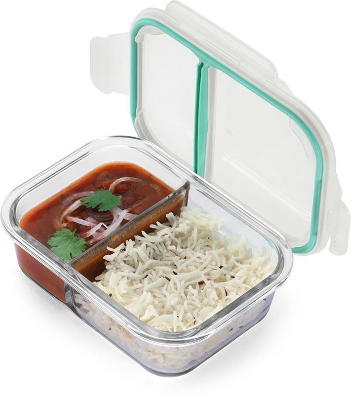 Oliveware Elite Microwave Safe Office Two Compartment Lunch Box Set | Borosilicate Glass 1 Containers Glass Office Lunch Box(600 ml, Microwave Safe)