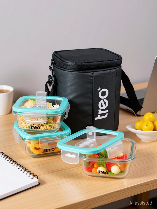 TREO All Weather Square Glass Lunch Box Set of 3, 320ml Each Leakproof Jacket, Black 3 Containers Glass Office Lunch Box(320 ml)