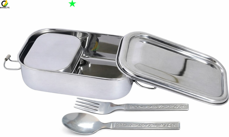 MARSELITE Compact Steel Lunch Box with Spoon Fork for Snacks 2 Containers Stainless Steel School Lunch Box(850 ml)