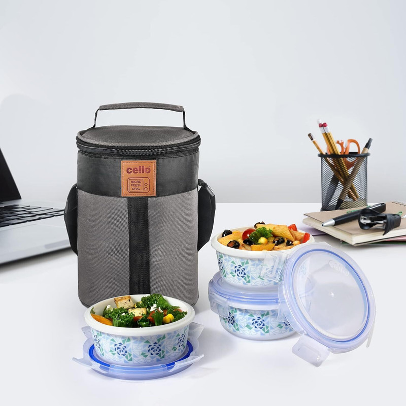 cello Mosaic Rose Opalware with Jacket 3 Containers Glass Office Lunch Box(300 ml)