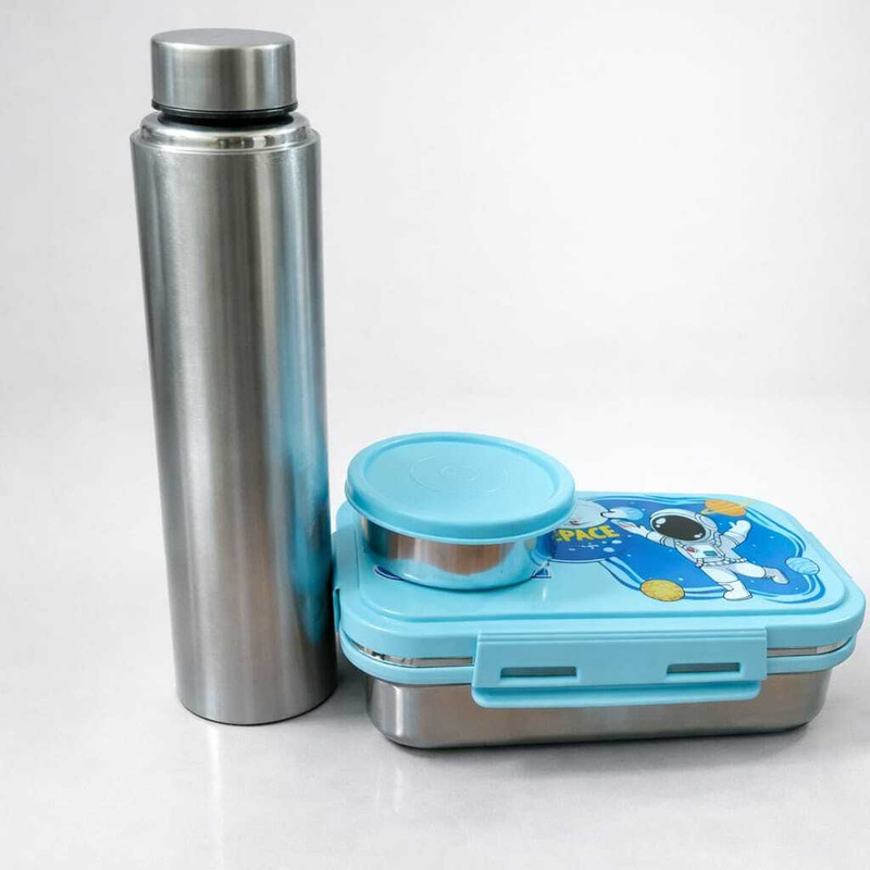 PBOXSTEEL Steel Kids Lunch Box Combo with Water Bottle – Space Design 1 Containers Stainless Steel School Lunch Box(900 ml)