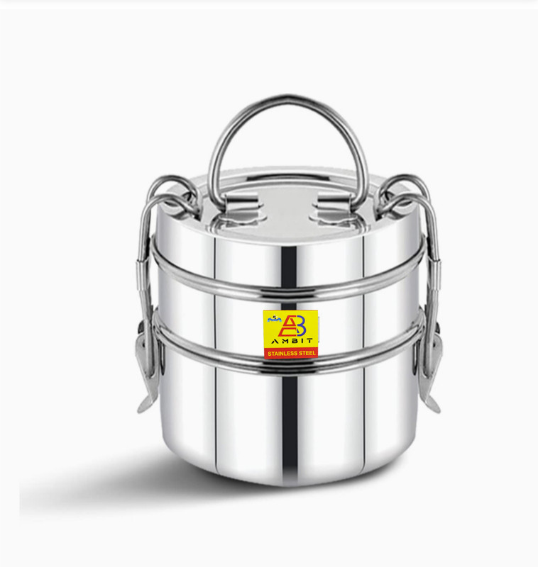Ambit Stainless steel 8*2 size lunch box 2 containers clip tiffin 600ml 2 Containers Stainless Steel Office Lunch Box(600 ml)