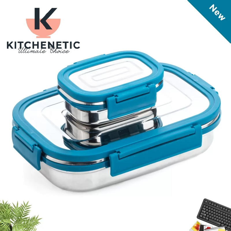 Kitchenetic Stainless Steel, Leak Proof Airtight Set 2 Containers Stainless Steel School Lunch Box(1100 ml)
