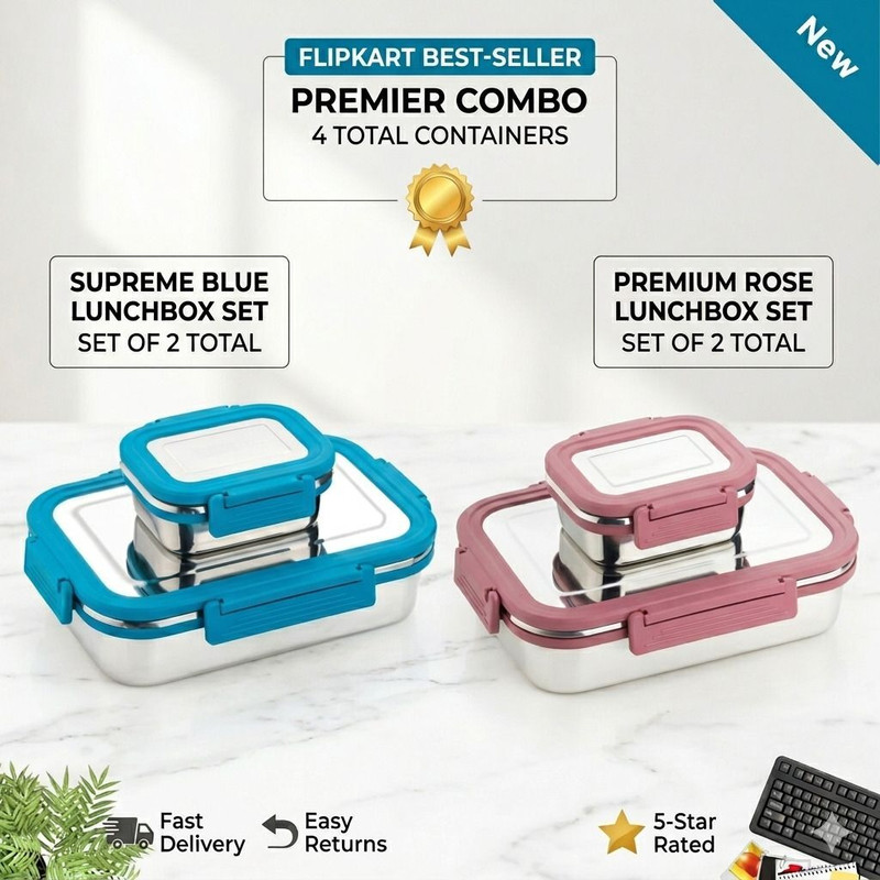 3D METRO SUPER STORE Pack of 2 Insulated Lunch Box-BPA Free, Leak-Proof & Airtight for Office 4 Containers Stainless Steel School Lunch Box(1000 ml, Microwave Safe)