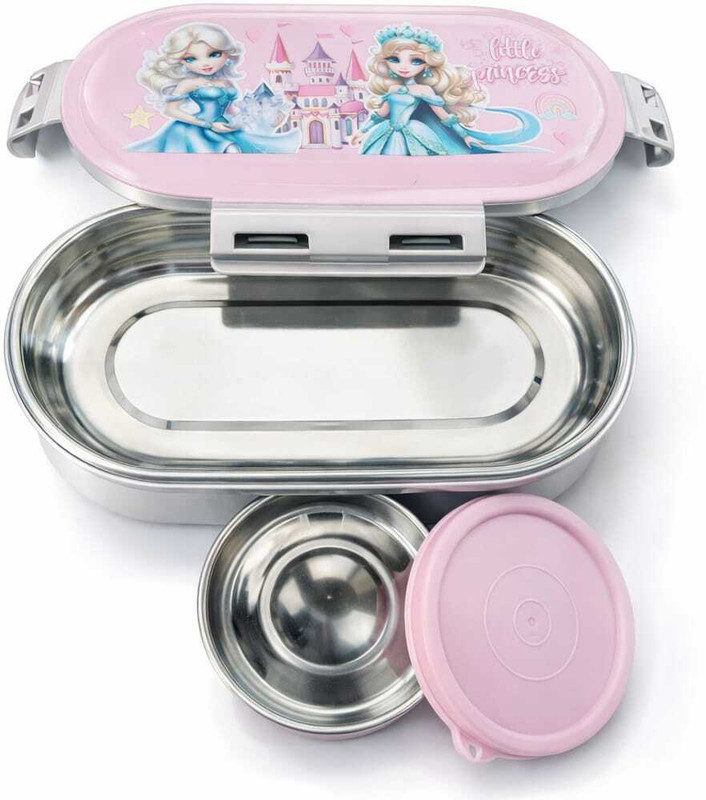PBOXSTEEL Kids Lunch Box with Cute Princess Design |Includes Small Steel Bowl 1 Containers Stainless Steel School Lunch Box(500 ml, Microwave Safe)
