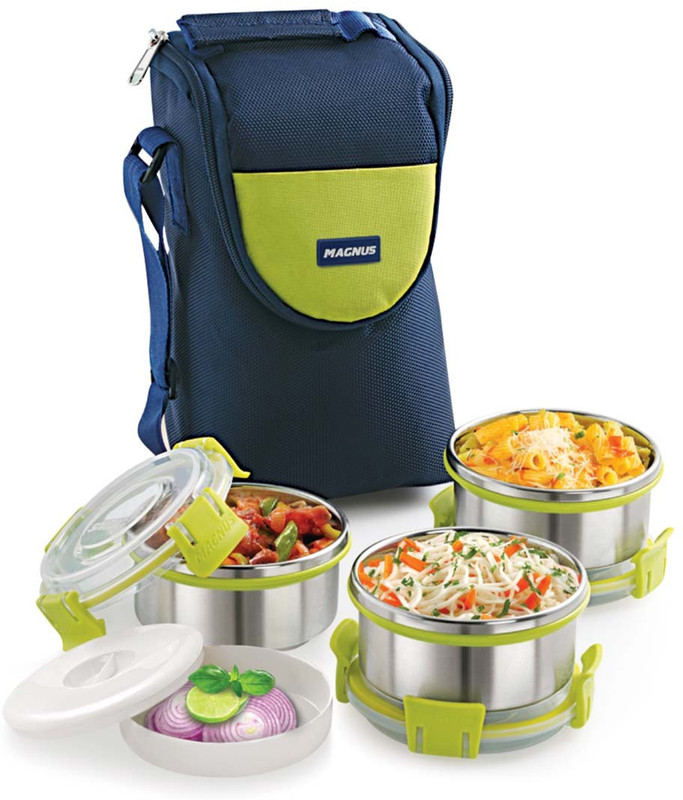 Magnus Detachable Clip Lock, Leak Proof Containers & Bag, Stainless Steel, 4 Containers Stainless Steel, Plastic Office Lunch Box(900 ml)