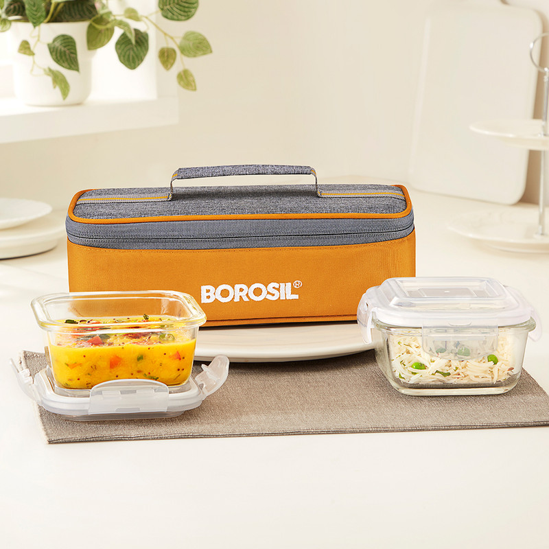 BOROSIL Zest Glass Lunchbox, 2pc Square Set (320ml Each), Horizontal Tiffin 2 Containers Glass Office Lunch Box(800 ml)