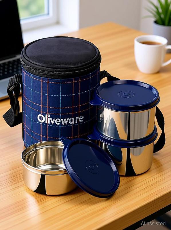 Oliveware Absolute Lunch Box | Stainless Steel | Insulated Fabric Bag | Leak Proof 3 Containers Stainless Steel Office Lunch Box(1650 ml)
