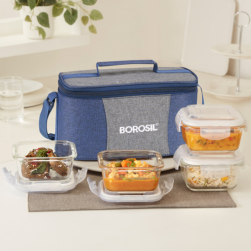 BOROSIL Glass Lunchbox, 4 pc Square Set (320 ml Each), Office Tiffin 4 Containers Glass Office Lunch Box(1280 ml)