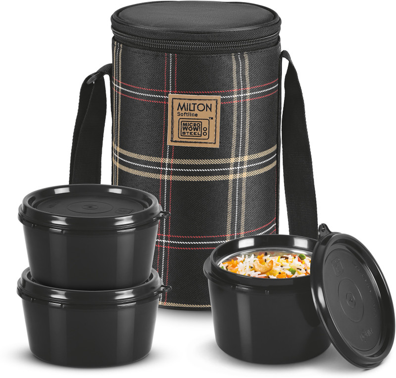 MILTON (3 Containers, 1 X 320 ml, 2 X 450 ml each) With Jacket, Black 3 Containers Plastic Office Lunch Box(450 ml)