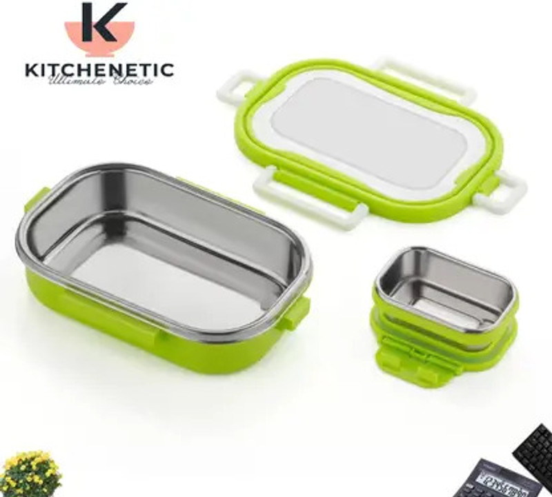 Kitchenetic Ganesh Stainless Steel, Leak Proof Airtight Lunch Box Set (Pack of 1, Green) 2 Containers Stainless Steel School Lunch Box(1100 ml)
